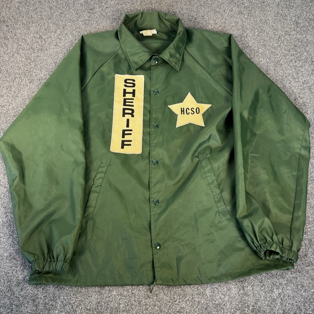 Vintage Sheriff Green Nylon Coaches Jacket Windbreaker Star Patch Snap HCSO USA